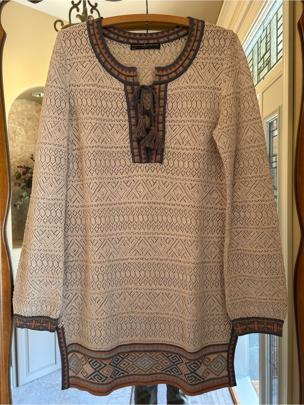Peruvian Connection Cream Openwork Knit Light Cotton Tunic with Navy & Rust Trim